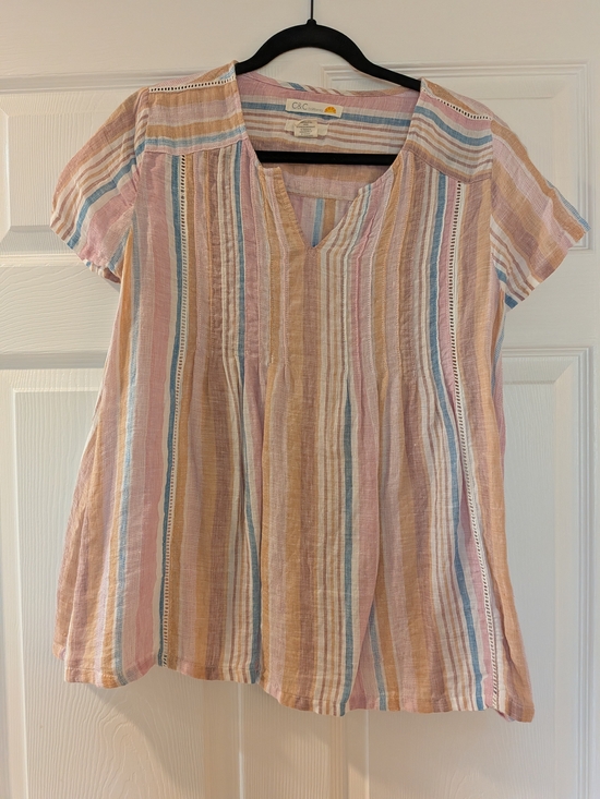 C&C California Tops - C&C California Pastel Striped V-Neck Short Sleeve Linen Top